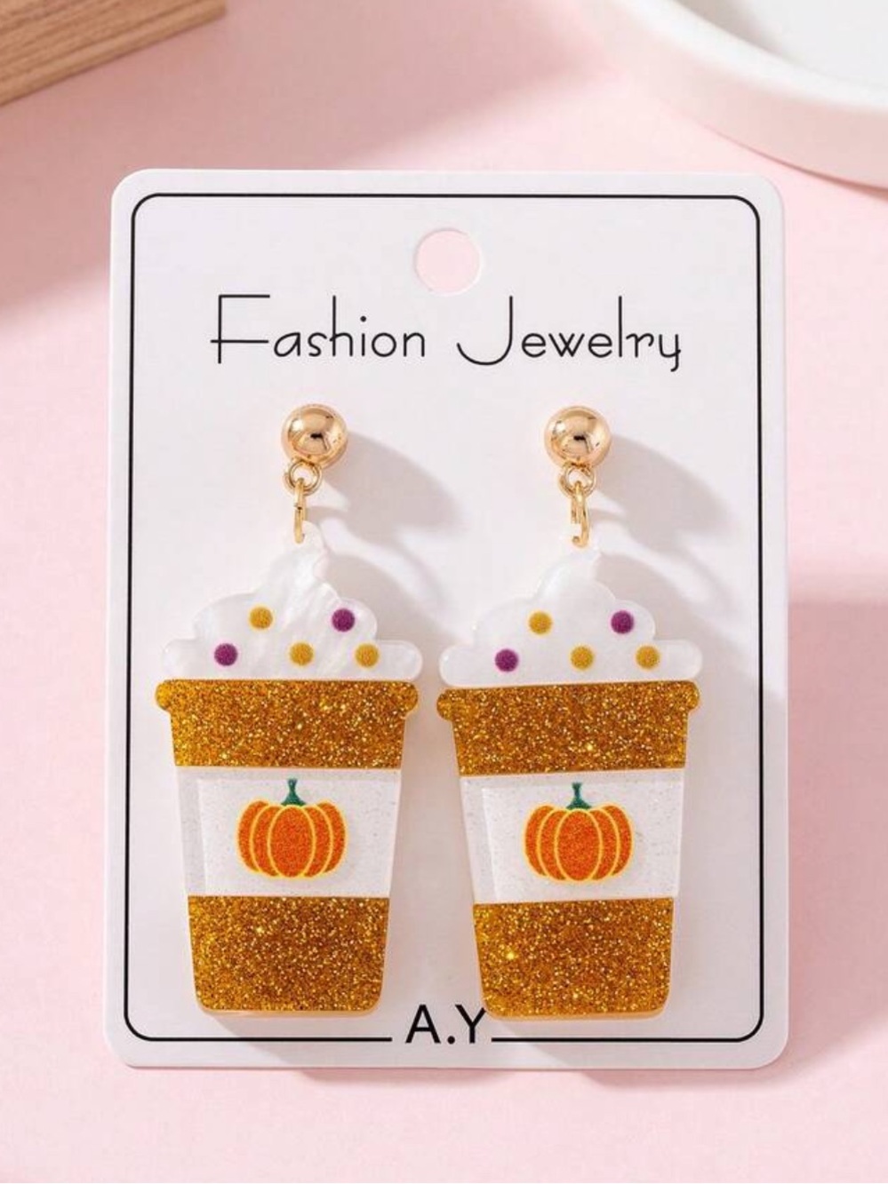 Gold Glitter & White Pumpkin Spice Cup Drop Earrings